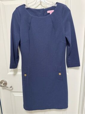 Lilly Pulitzer Navy Three-Quarter Sleeve Sheath Dress with Gold Buttons